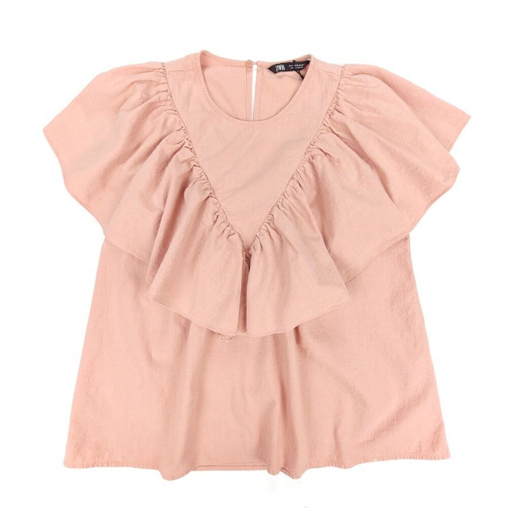 ZARA Cottagecore Oversized Ruffle Textured Babydoll Top Boho Small Blush Pink